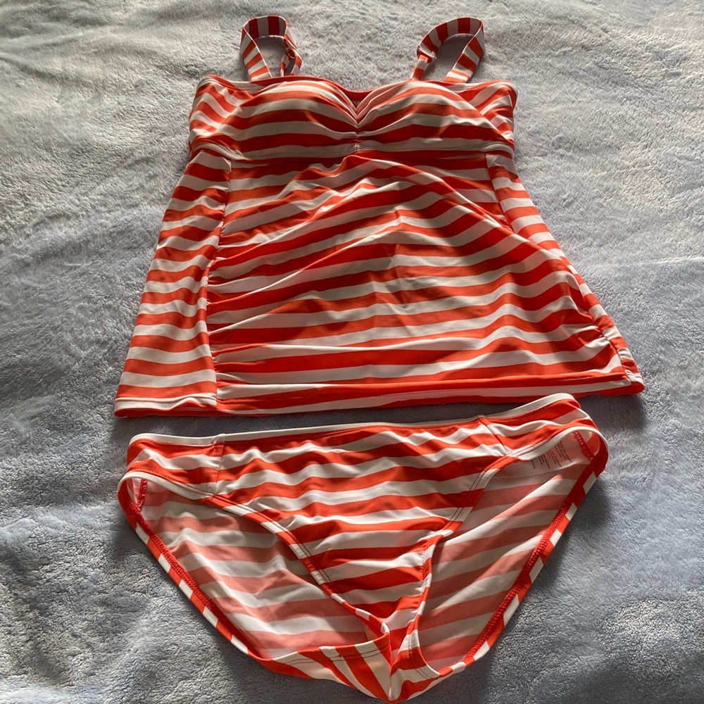 Motherhood Maternity Orange and White Striped Tankini